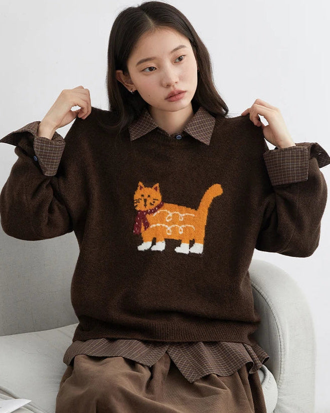 Cartoon Cat Appliqué Knit Sweater