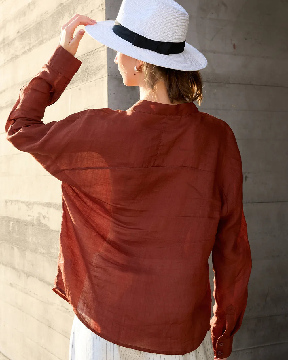 Ramie V-Neck Button-Down Shirt