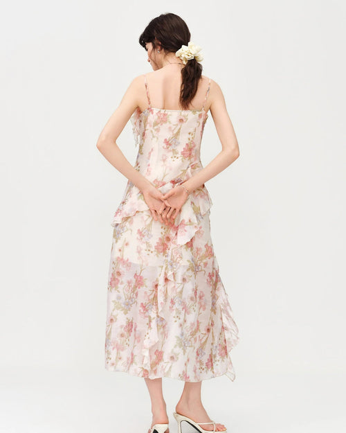 Printed Ruffled Spaghetti-Strap Maxi Dress