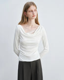 Women's lace-trimmed asymmetrical neckline knit t-shirt, featuring high-stretch cotton blend and full sleeves for autumn-winter office or casual wear.