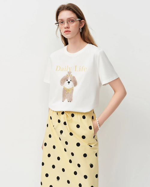 Crew neck t-shirt featuring a cute puppy print design. This soft cotton tee offers a relaxed fit and playful aesthetic, perfect for casual everyday wear and adding a touch of fun to your outfit.
