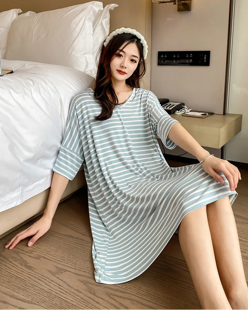 Modal Stripe Short Sleeve V-Neck Sleep Dress