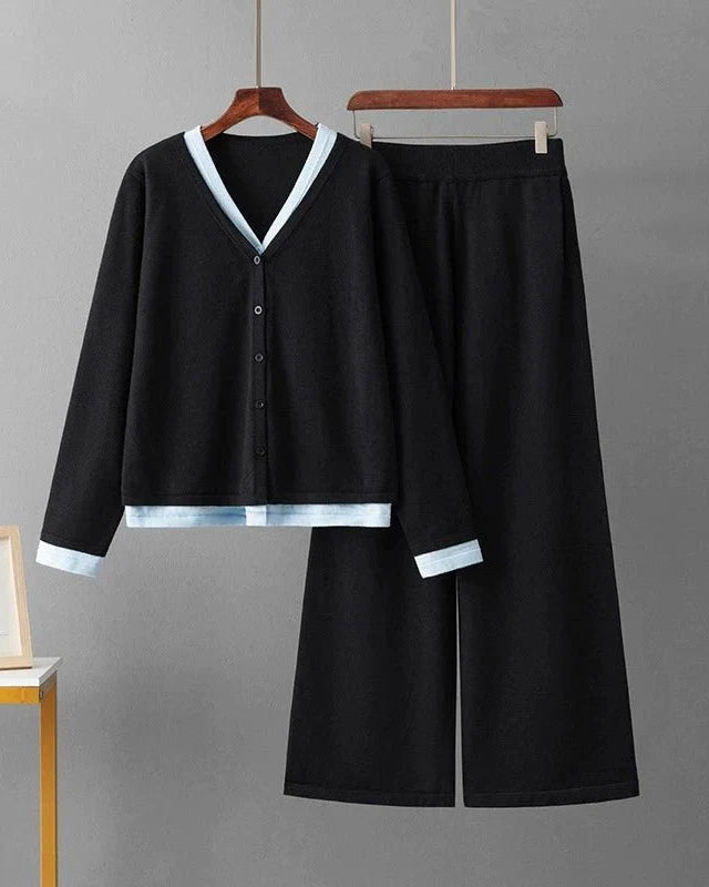 Long Sleeve V Neck Sweater+Wide Legs Pants
