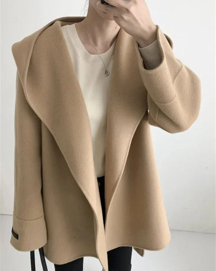 Hooded Wool Blend Wrap Coat
