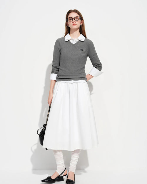 Straight-Shoulder V-Neck Knit T-Shirt