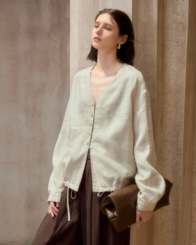 Linen V-Neck Button-Up Longline Shirt