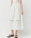 Premium cotton lace-trimmed A-line midi skirt crafted for a modern fit, offering a soft composition and elegant detailing for your lounging needs or daily activities.