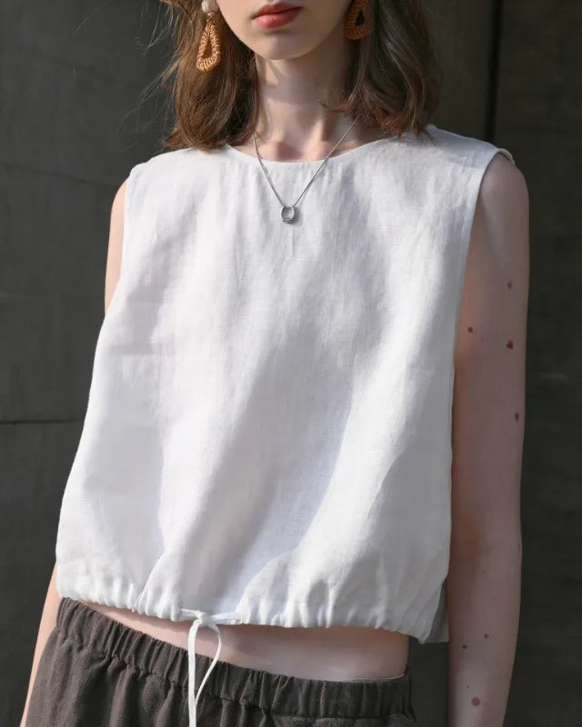 Linen Sleeveless O-Neck Casual Top