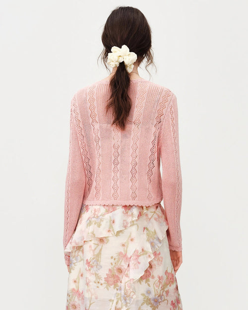 Linen Blend Open-Knit Lace-Up Cardigan