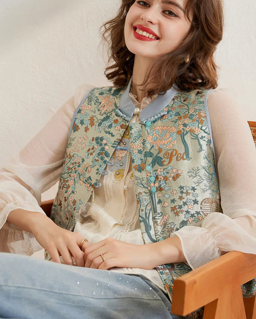 Elegant Jacquard Floral Round Neck Button Vest
