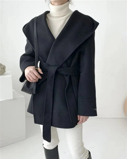 Hooded Wool Blend Wrap Coat