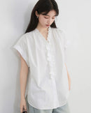 Loose V-Neck Ruffled Pure Cotton Shirt