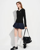 Straight-Shoulder V-Neck Knit T-Shirt