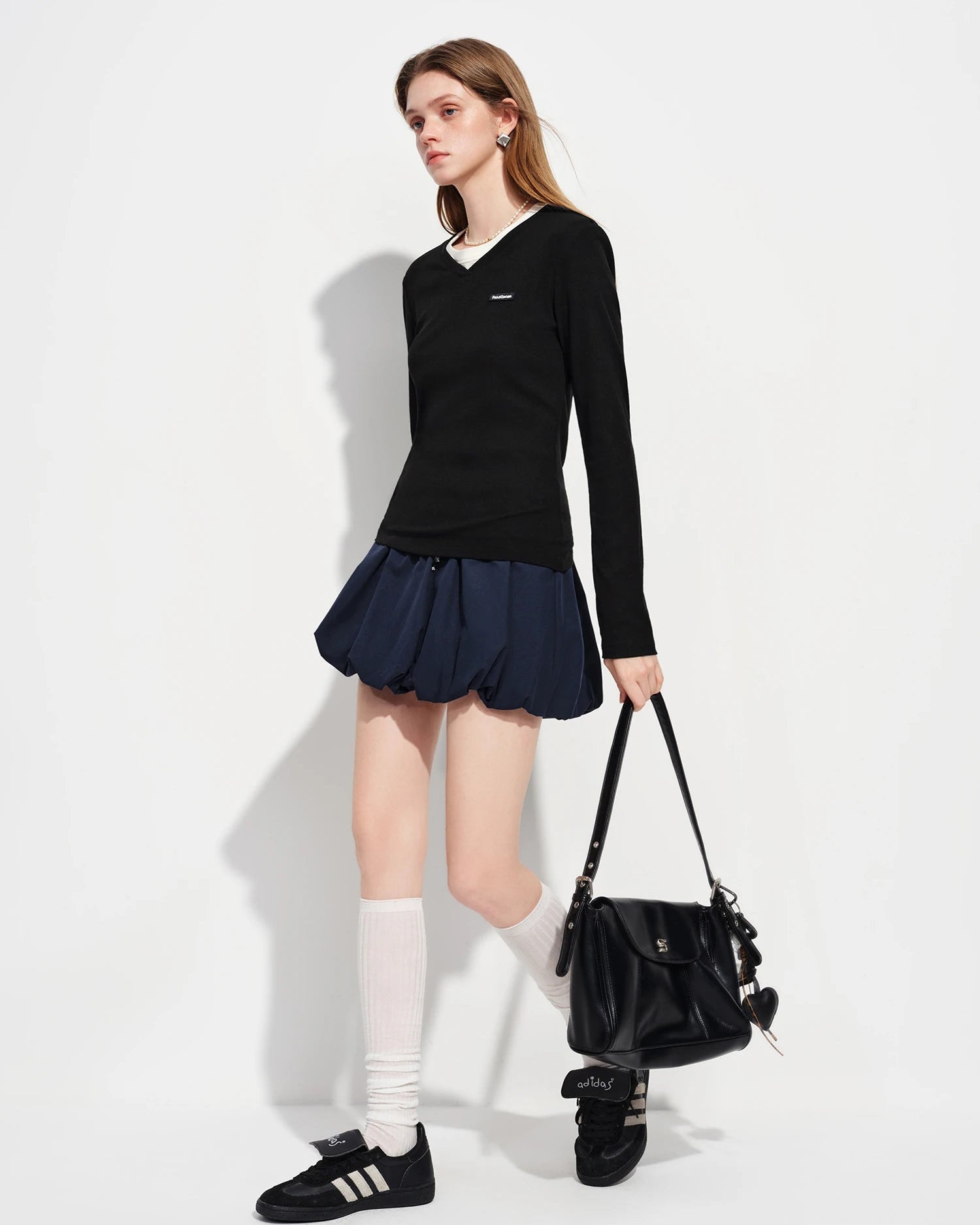 Straight-Shoulder V-Neck Knit T-Shirt