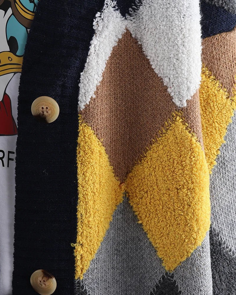 Fleece Patchwork Vintage V-Neck Short Cardigan