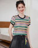 Lightweight polyester round neck colorful striped knit t-shirt with short sleeves and gentle stretch, perfect for cheerful spring summer casual outfits or versatile everyday wear in mixed color.