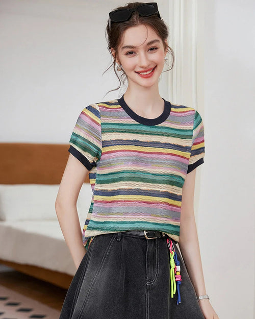 Lightweight polyester round neck colorful striped knit t-shirt with short sleeves and gentle stretch, perfect for cheerful spring summer casual outfits or versatile everyday wear in mixed color.