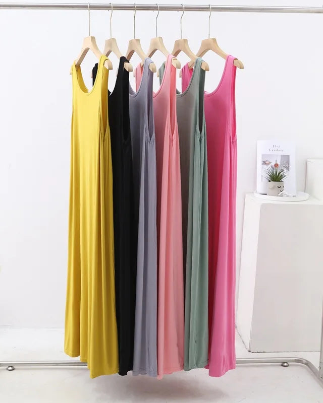 Modal Sleeveless Round-Neck Mid-Calf Sleep Dress