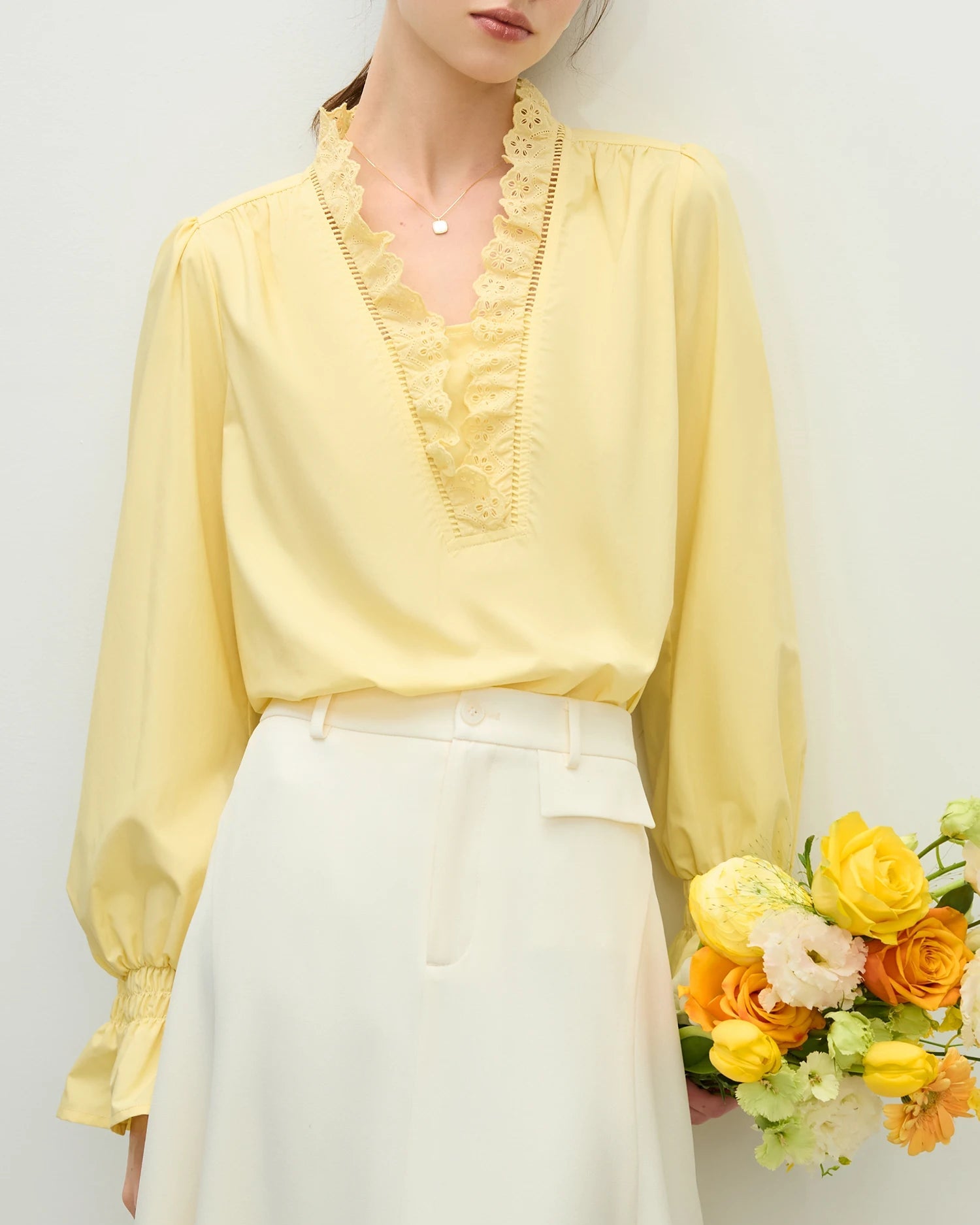Casual Lace V-Neck Flared Sleeve Shirt