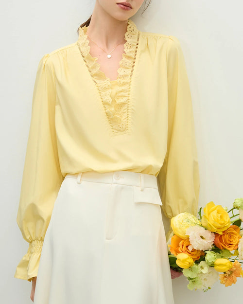 Casual Lace V-Neck Flared Sleeve Shirt