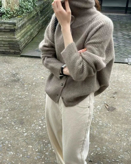 High Neck Pure Wool Short Cardigan