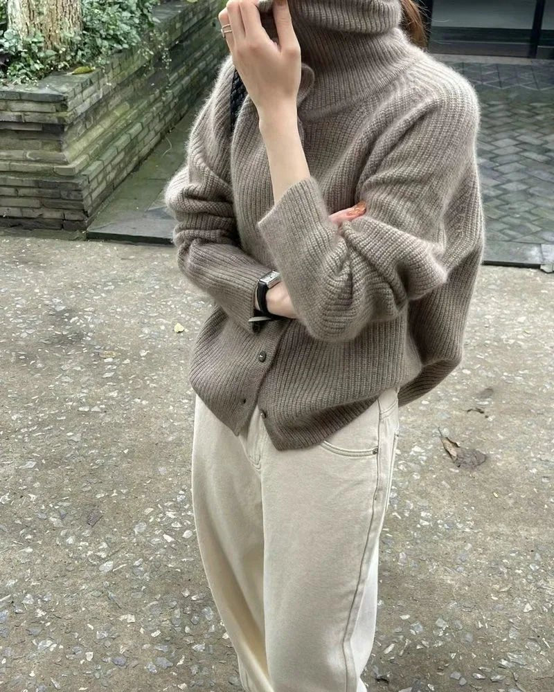 High Neck Pure Wool Short Cardigan