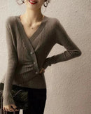 Designers' V-neck Wool Sweater with Asymmetrical Buttons