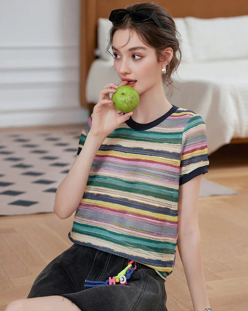Round Neck Colorful Striped Knit T-Shirt