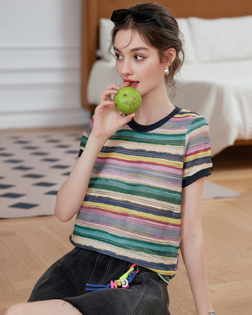 Round Neck Colorful Striped Knit T-Shirt
