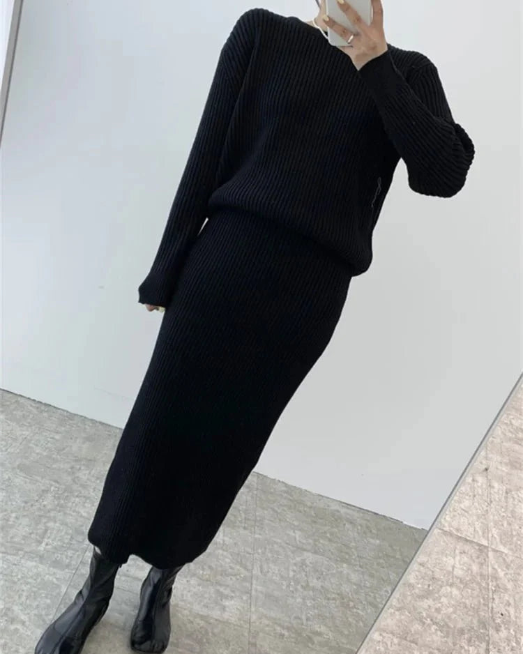 Ribbed Knited Round-Neck Sweater & Midi Skirt Set