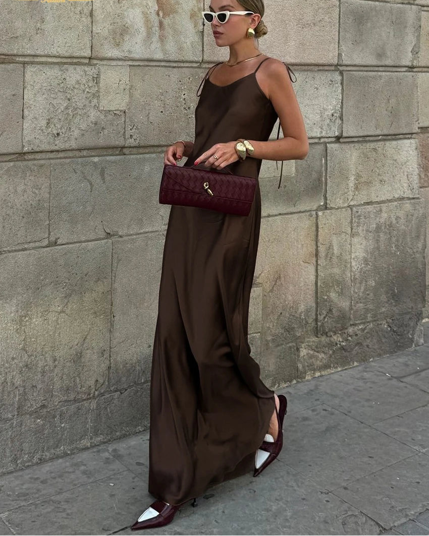 Satin Spaghetti-Strap Backless Floor-Length Dress