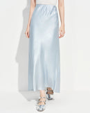 Women's acetate trumpet ankle skirt in champagne, empire waist, silk-like drape, elegant spring occasion wear.