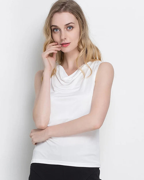 Silk-Viscose Draped Collar Sleeveless Tank Top