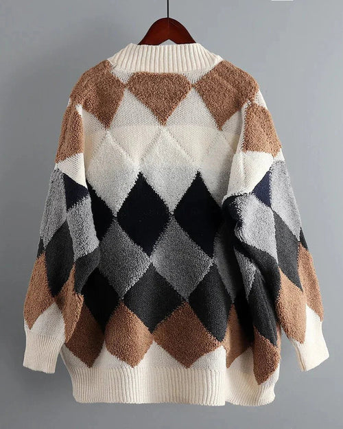 Fleece Patchwork Vintage V-Neck Short Cardigan
