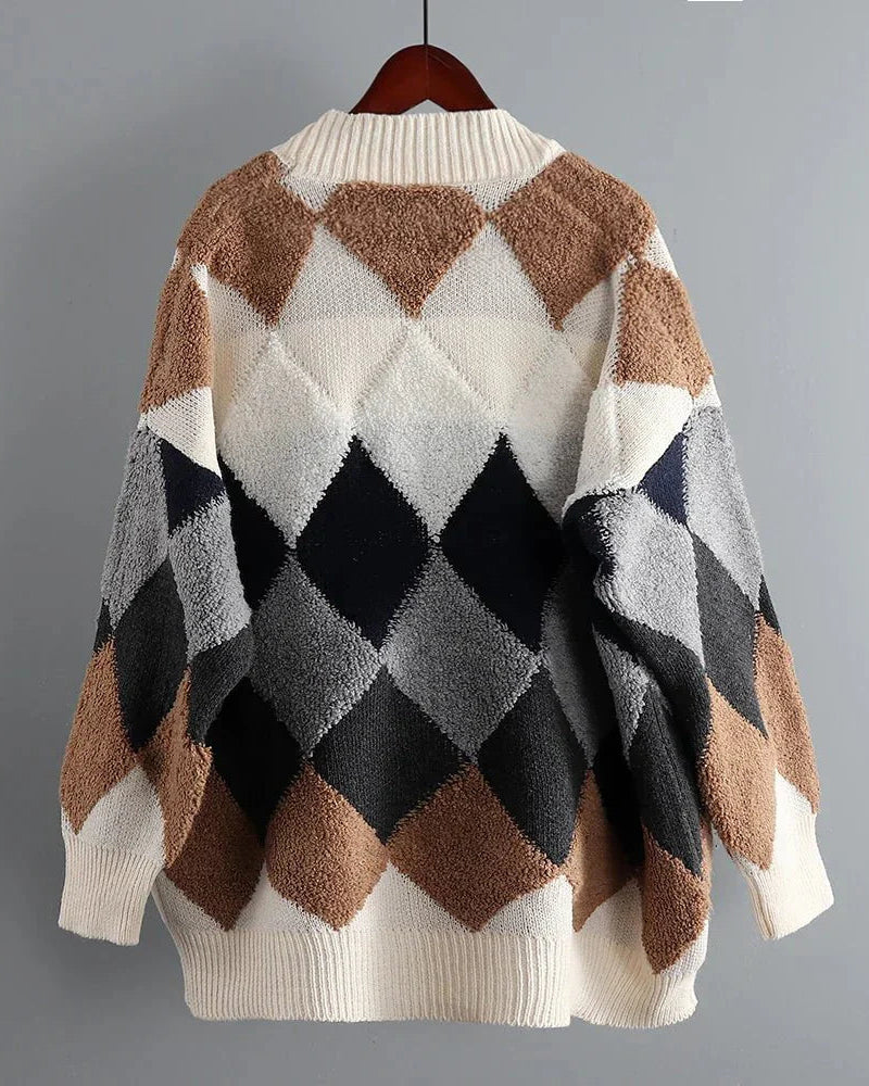 Fleece Patchwork Vintage V-Neck Short Cardigan