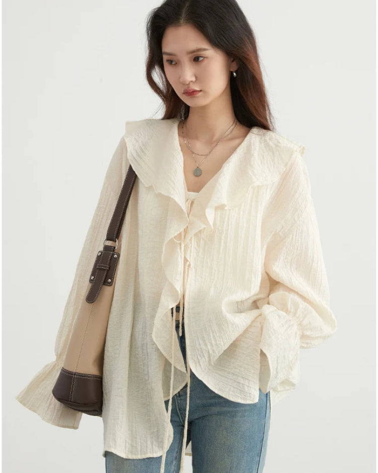 Ruffled V-Neck Loose Lyocell Casual Blouse