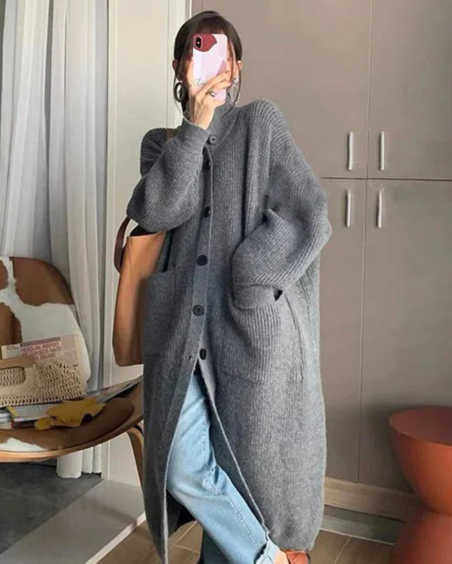 Oversized High-Neck Long Cardigan With Pocket