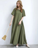 Women's Soft knit Cotton blend nightgown dress featuring a relaxed A-line silhouette, short sleeve cut, and mid-calf length, perfect for summer loungewear or bedtime comfort.