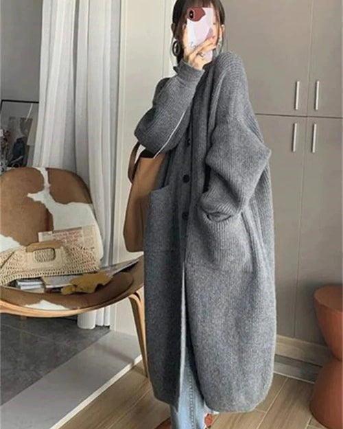 Oversized High-Neck Long Cardigan With Pocket
