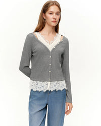 Women's Lace V-Neck Knit Long Sleeve Top