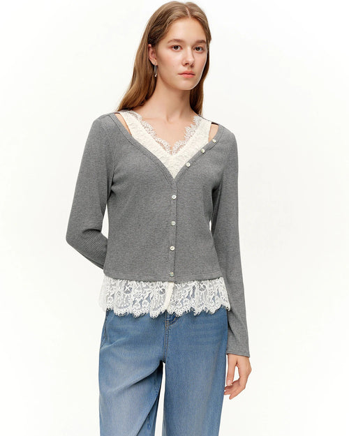 Elegant lace V-neck knit top for women. Soft stretch fabric, regular fit, full sleeves.