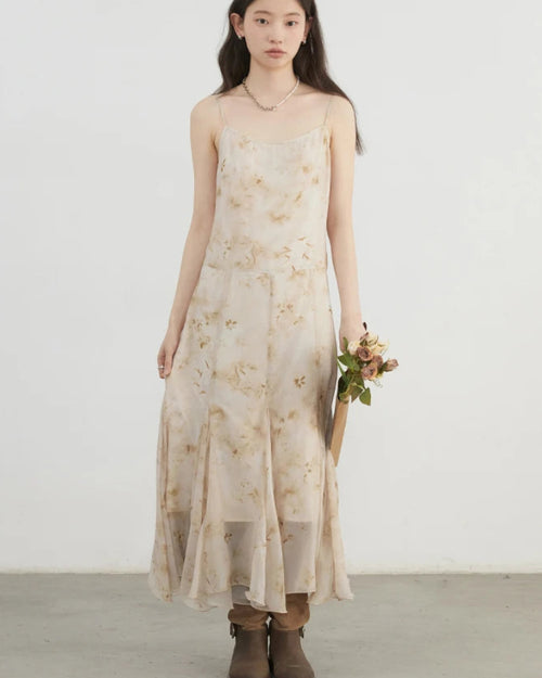 Women's ankle-length A-line camisole dress with Chinese ink print, empire waist & slash neckline. Lightweight polyester in apricot for spring & summer. 