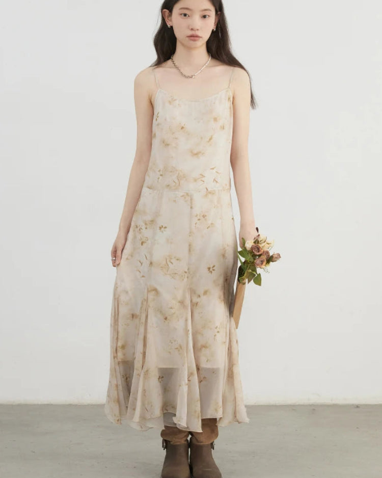 Women's ankle-length A-line camisole dress with Chinese ink print, empire waist & slash neckline. Lightweight polyester in apricot for spring & summer. 