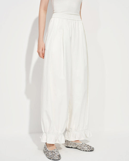 Elastic-Waist Wide-Leg Flared Trousers