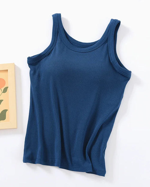 Women's Silky modal sleeveless sleep vest top featuring a built-in chest pad, round neck, and soft knit fabric, perfect for breathable summer loungewear comfort.