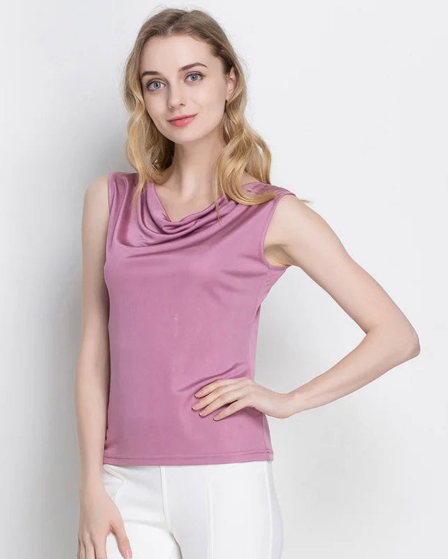 Silk-Viscose Draped Collar Sleeveless Tank Top