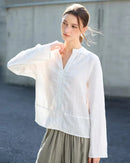Loose-Fit Linen V-Neck Long-Sleeve Shirt