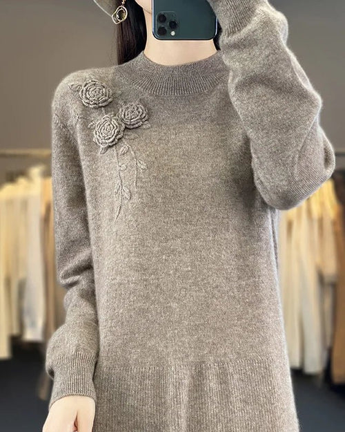 100% Pure Wool Knitted A-Line Long Sleeves Dress