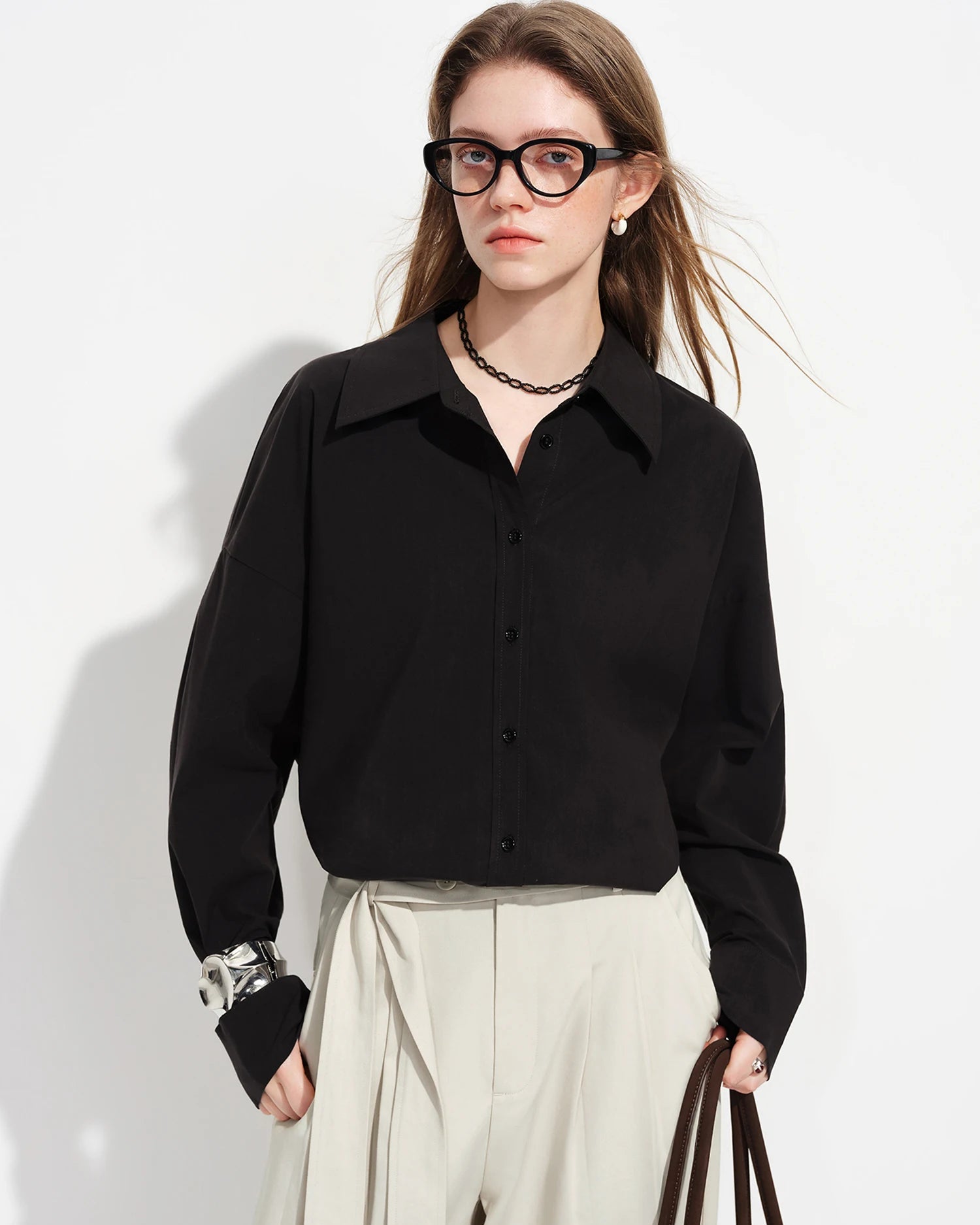 Long-Sleeve Stand-Collar Shirt With Silk Scarf