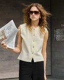 Retro Round Neck Button Sleeveless Vest